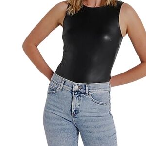 Express Bodycon Faux Leather High  Neck Bodysuit Black